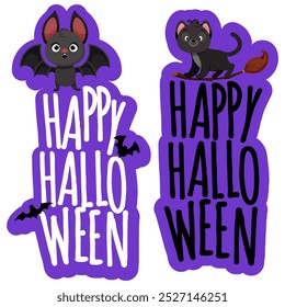 Purple Happy Halloween Lettering with Bat and Cat