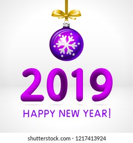 Purple Happy New Year 2019 celebration banner or greeting card with flying golden and white confetti, some are out of focus