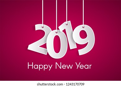 Purple Happy New Year 2019 concept with paper cuted white numbers on ropes. Vector illustration