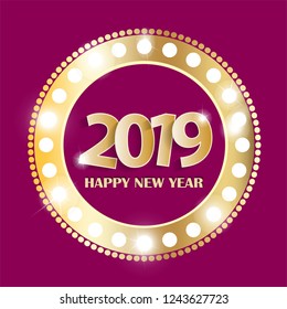 Purple Happy New Year 2019 greeting card concept with golden numbers in vintage shining gold ring. Vector illustration