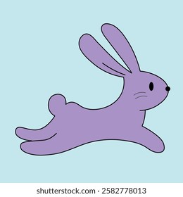 Purple hare with black outline in flat style on blue background, hand drawn