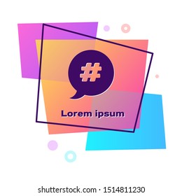 Purple Hashtag speech bubble icon isolated on white background. Concept of number sign, social media marketing, micro blogging. Color rectangle button. Vector Illustration