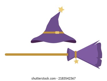 Purple hat and broom witch magic on white background flat vector icon design.