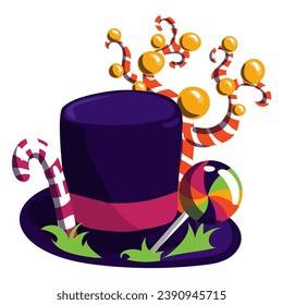 Purple hat with candy. The magical world of a pastry chef with incredible sweets. The chocolate factory. Striped caramels grow on a hat, trees, grass on a hat on a white background. Candy, fantastic