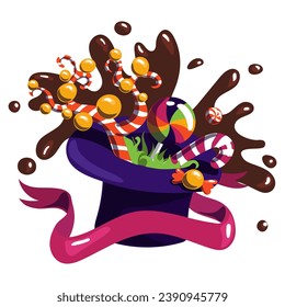Purple hat with candy. The world of a pastry chef with fantastic sweets. The chocolate factory. Magic chocolate. Hat with sweets, ribbon on a white background. Candy, chocolate fountain