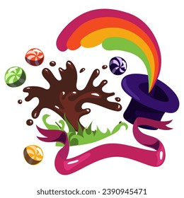 Purple hat with a rainbow. The world of the creator of sweets, chocolate, caramel. The chocolate factory. Chocolate and striped caramels, hat, rainbow, grass, ribbon. Magic sweets, chocolate fountain