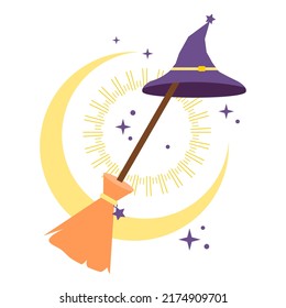 Purple hat witch on frying broom magic with crescent moon and stars flat vector icon design.