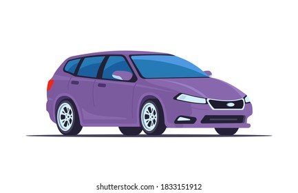 Purple hatchback car in vector style. Compact hybrid vehicle, urban transport. Flat graphics, front and side view. Template on isolated white background.