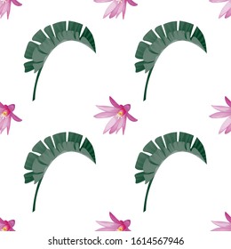 Purple Hatiora. Green Palm Leaf. Vector illustration. Seamless background pattern. Floral botanical flower. Wild leaf wildflower isolated. Exotic tropical hawaiian jungle. Fabric wallpaper print.