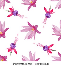 Purple Hatiora. Pink and Purple Fuchsia Bella. Vector illustration. Seamless background pattern. Floral botanical flower. Wild leaf wildflower isolated. Exotic tropical hawaiian jungle. Fabric.