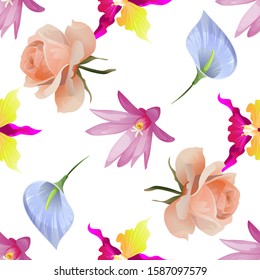 Purple Hatiora. Pink Orchid. Pink Rose. Blue Anthurium Tailflower. Vector illustration. Seamless background pattern. Floral botanical flower. Wild leaf wildflower isolated. Exotic tropical hawaiian.