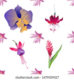Purple Hatiora. Red and Pink Ginger. Purple Orchid. Red Fuchsia. Pink and Purple Fuchsia Bella. Vector illustration. Seamless background pattern. Floral botanical flower. Wild leaf wildflower.