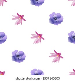 Purple Hatiora. Violet Anemone. Vector illustration. Seamless background pattern. Floral botanical flower. Wild leaf wildflower isolated. Exotic tropical hawaiian jungle. Fabric wallpaper print.