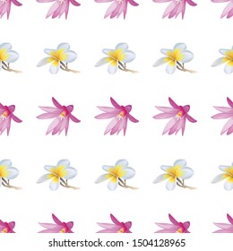 Purple Hatiora. White Plumeria. Vector illustration. Seamless background pattern. Floral botanical flower. Wild leaf wildflower isolated. Exotic tropical hawaiian jungle. Fabric wallpaper print.