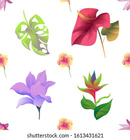 Purple Hatiora. Yellow Hibiscus. Green Monstera. Red Calla. Purple Magnolia. Green bird of paradise. Vector illustration. Seamless background pattern. Floral botanical flower. Wild leaf wildflower.