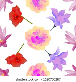 Purple Hatiora. Yellow Magnolia. Red Amaryllis. Purple Magnolia. Vector illustration. Seamless background pattern. Floral botanical flower. Wild leaf wildflower isolated. Exotic tropical hawaiian.