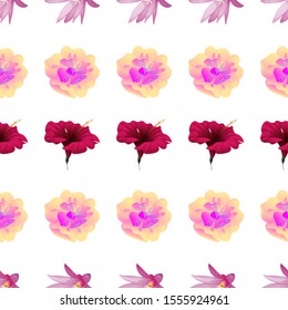 Purple Hatiora. Yellow Magnolia. Red Hibiscus. Vector illustration. Seamless background pattern. Floral botanical flower. Wild leaf wildflower isolated. Exotic tropical hawaiian jungle. Fabric.