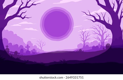 Purple Haunted Forest Landscape with Full Moon – Halloween Background