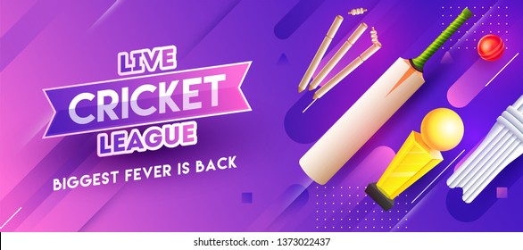 Purple header or banner design design with cricket elements for Live Cricket League concept.