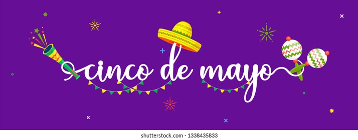 Purple header or banner design decorated with colorful bunting and maracas instrument for Cinco De Mayo party celebration.