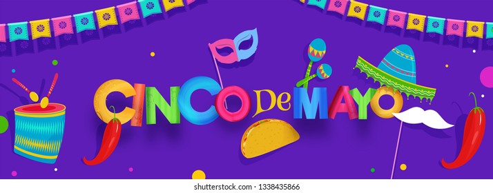 Purple header or banner design decorated with colorful bunting and party elements for Cinco De Mayo celebration.
