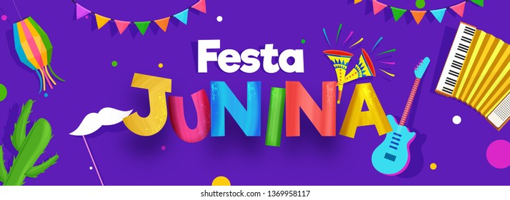 Purple header or banner design decorated with party elements such as guitar, harmonium and cactus illustration for Festa Junina celebration concept.