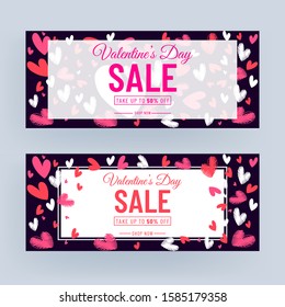 Purple Header or Banner Design Decorated with Scribble Style Hearts and 50% Discount Offer for Valentine's Day Sale.