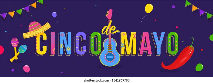 Purple header banner or poster design decorated with colorful bunting and party elements for Cinco De Mayo party celebration.