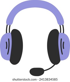 Auriculares morados con micrófono Doodle. Ilustración vectorial para juegos, centro de llamadas, accesorios de computadora. Diseño de iconos dibujados a mano