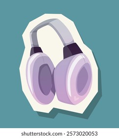 Purple headphones with a modern design in a sticker style, featuring a clean and minimalistic aesthetic on a teal background. Creative music concept. Vector illustration.