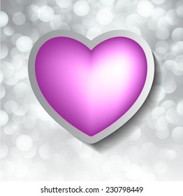 purple heart banner with drop shadows on Defocused Light, Flickering Lights, Vector abstract festive background with bokeh defocused lights. 