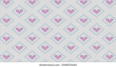 Purple heart with blue square on white knitted patten, Festive Sweater Design. Seamless Knitted Pattern