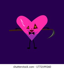 personaje de caricatura de corazón morado con ojos triangulares esculpidos sosteniendo una trenza afilada detrás de un objeto sobre un fondo morado oscuro de Halloween y el concepto de misticismo