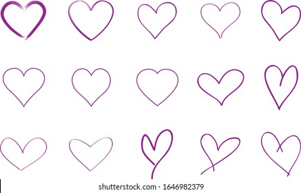Purple heart contour vector. Hand drawn love icon isolated. Paint brush stroke heart icon. Hand drawn vector for love logo, heart symbol, doodle icon and Valentine's day. Painted grunge vector shape