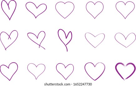 Purple heart contour vector. Hand drawn love icon isolated. Paint brush stroke heart icon. Hand drawn vector for love logo, heart symbol, doodle icon and Valentine's day. Painted grunge vector shape