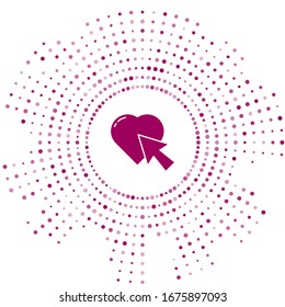 Purple Heart and cursor click icon isolated on white background. Online dating. Click on like button. International Happy Women Day. Abstract circle random dots. Vector Illustration