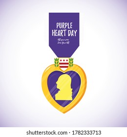 Purple Heart Day. Isolated vector badge and purple ribbon in flat style. Celebrate honor, courage, merit. 7 august in USA 
