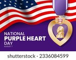 Purple heart day medal with US flag background, National Purple Heart Day - August 7th