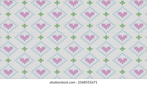Purple heart with geometric on white knitted patten, Festive Sweater Design. Seamless Knitted Pattern