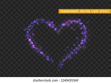 Purple heart of glitter light effect. Glowing sparkling particles on transparent background. Sparkle stardust. vector illustration.