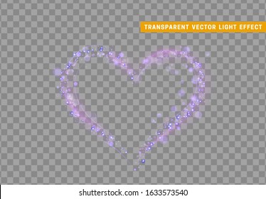 Purple heart of glitter light effect. Glowing sparkling particles on transparent background. Sparkle stardust. vector illustration.