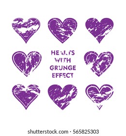 Purple Heart With Grunge Effect Set. Distress background. Element for Party and Valentines Day