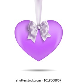 Purple heart hanging on a white ribbon with a bow. Decorative design elements. Vetcor on a white background.