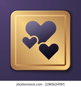 Purple Heart icon isolated on purple background. Romantic symbol linked, join, passion and wedding. Valentine day symbol. Gold square button. Vector