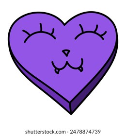 Purple heart illustration. Heart in Goth style with a cat face. Vector isolated on white background.