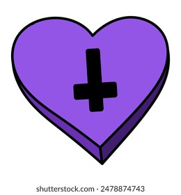 Purple heart illustration. Heart in Goth style with a cross. Vector isolated on white background.