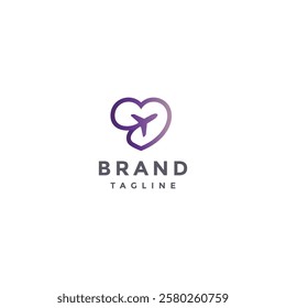 Purple Heart Line Airplane Flight logo design. Airplane Flying Forms Symbol of Love Logo Design.