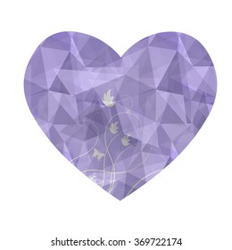 Purple heart in love polygonal low poly with abstract flower on isolated