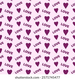 Purple Heart with Love text Pattern for romantic themed designs, Valentines Day cards, and wedding invitations, wrapping paper.