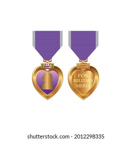 Purple heart medal front and back for merit military vector, the combat veteran celebrate day symbol, appreciation for army soldiers.